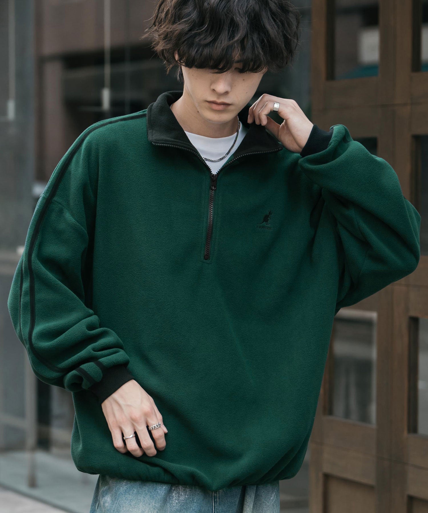 新色追加 KANGOL カンゴール 別注コラボオーバーサイズサイドラインワンポイントロゴ刺繍ハーフジップフリーストレーナー 13847