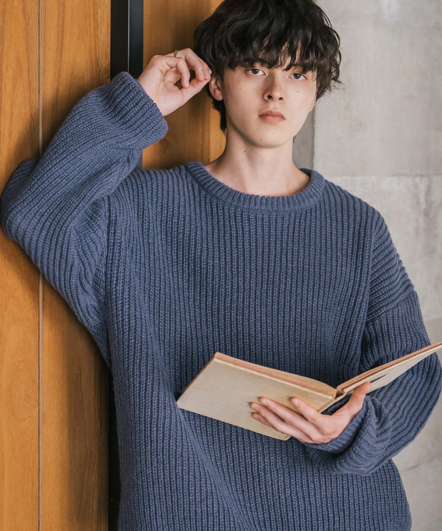 オーバーサイズ畦編みクルーネック長袖ニットセーター 14552