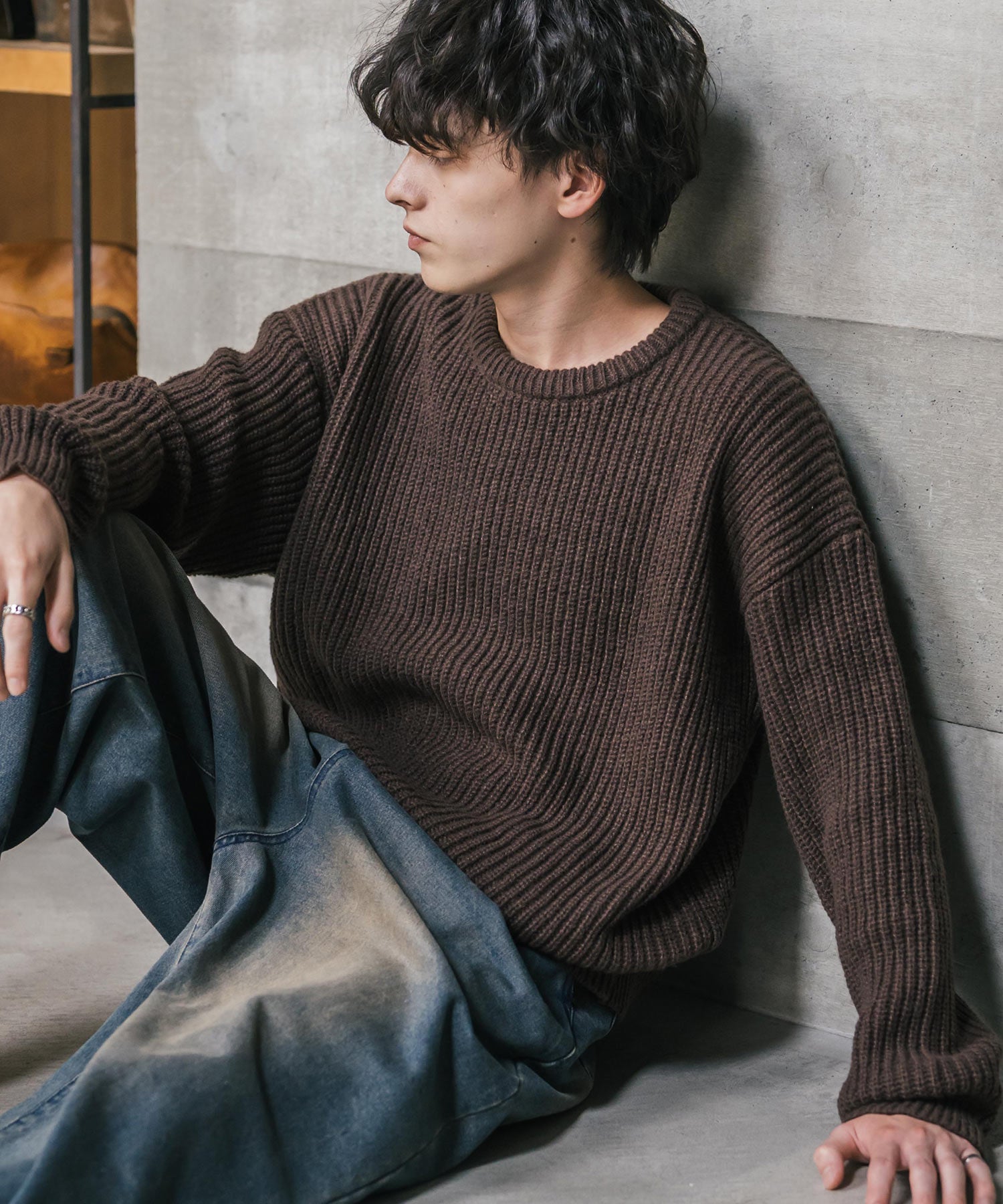 オーバーサイズ畦編みクルーネック長袖ニットセーター 14552