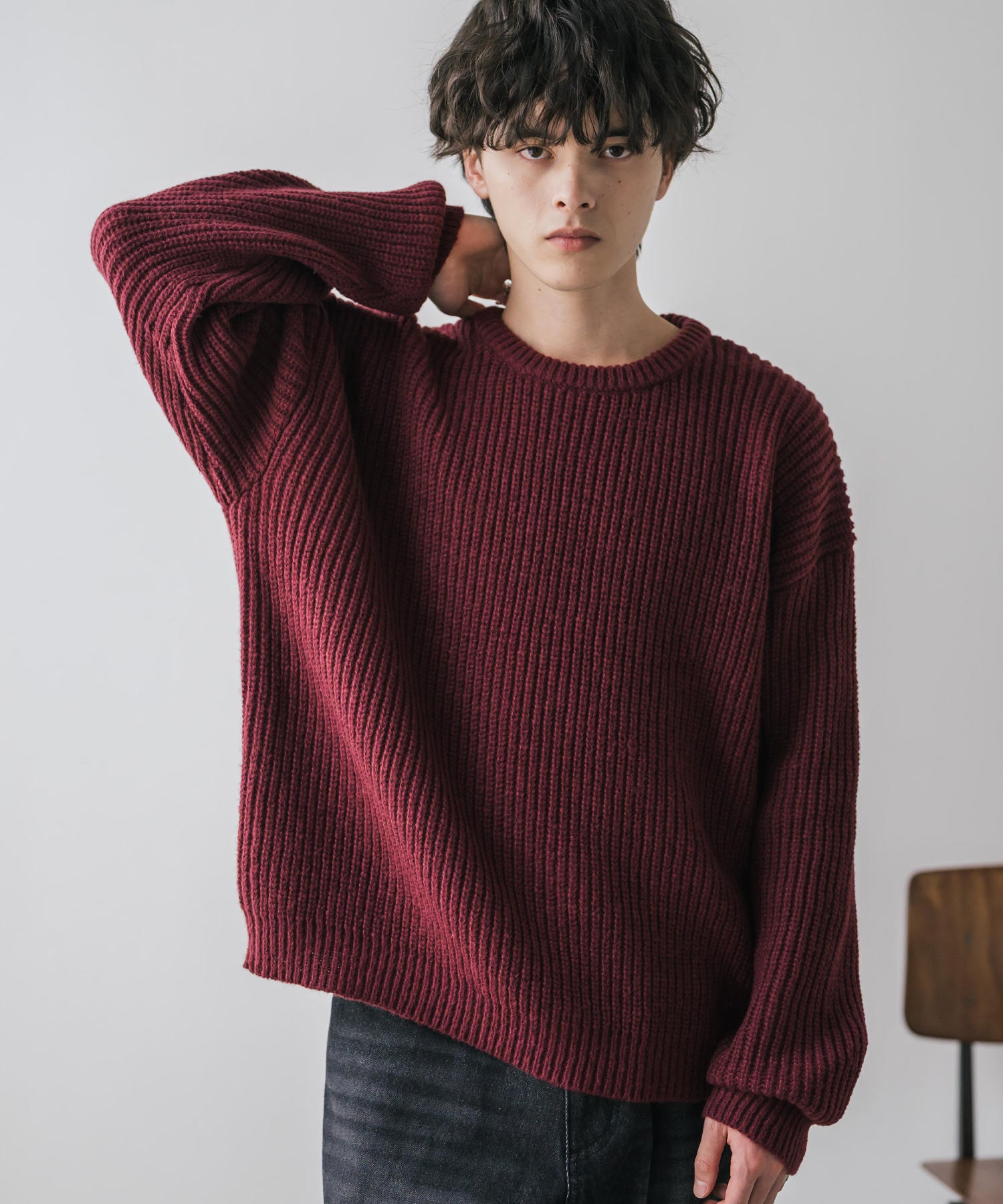 オーバーサイズ畦編みクルーネック長袖ニットセーター 14552