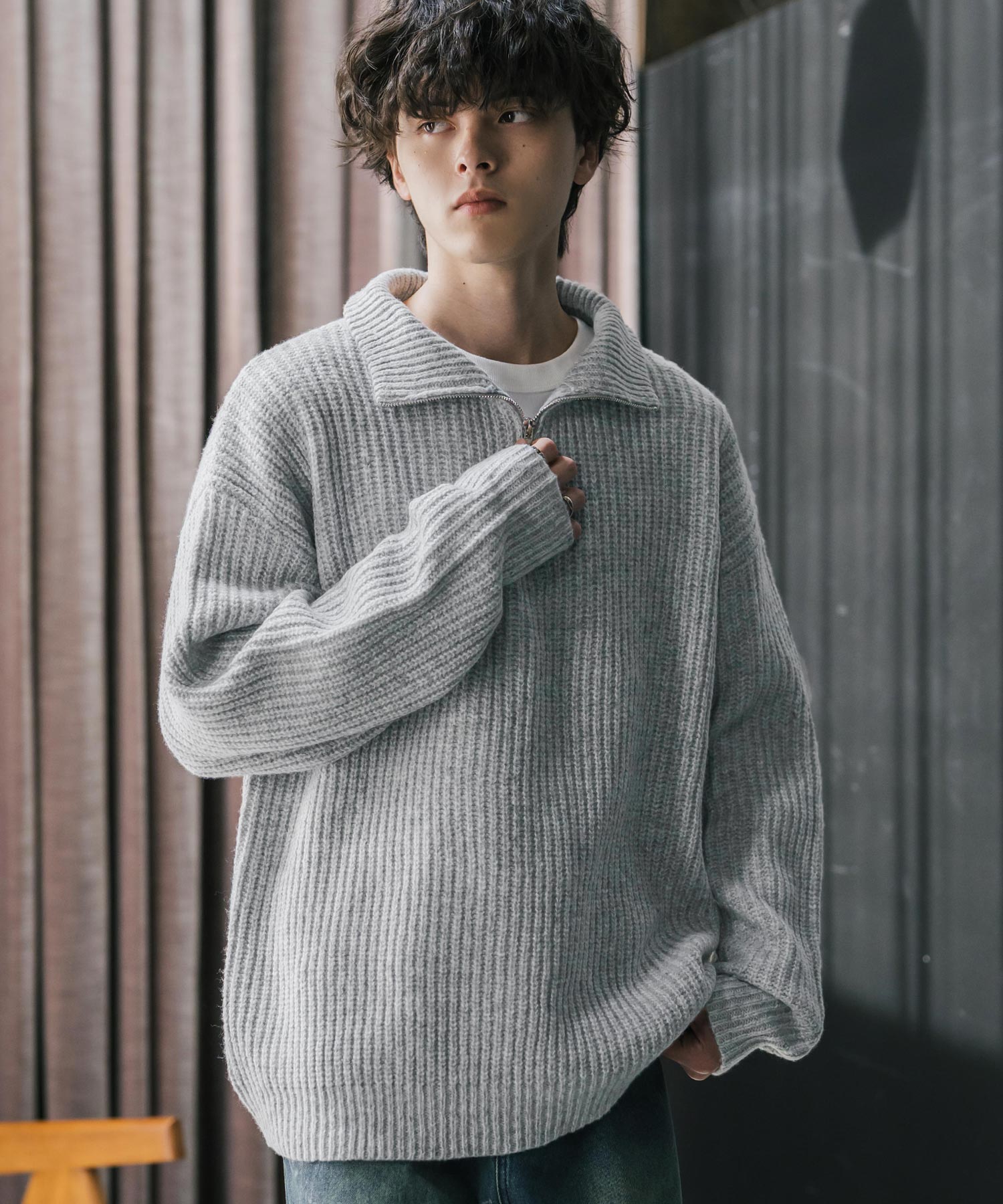 オーバーサイズ畦編みハーフジップニットセーター 14553