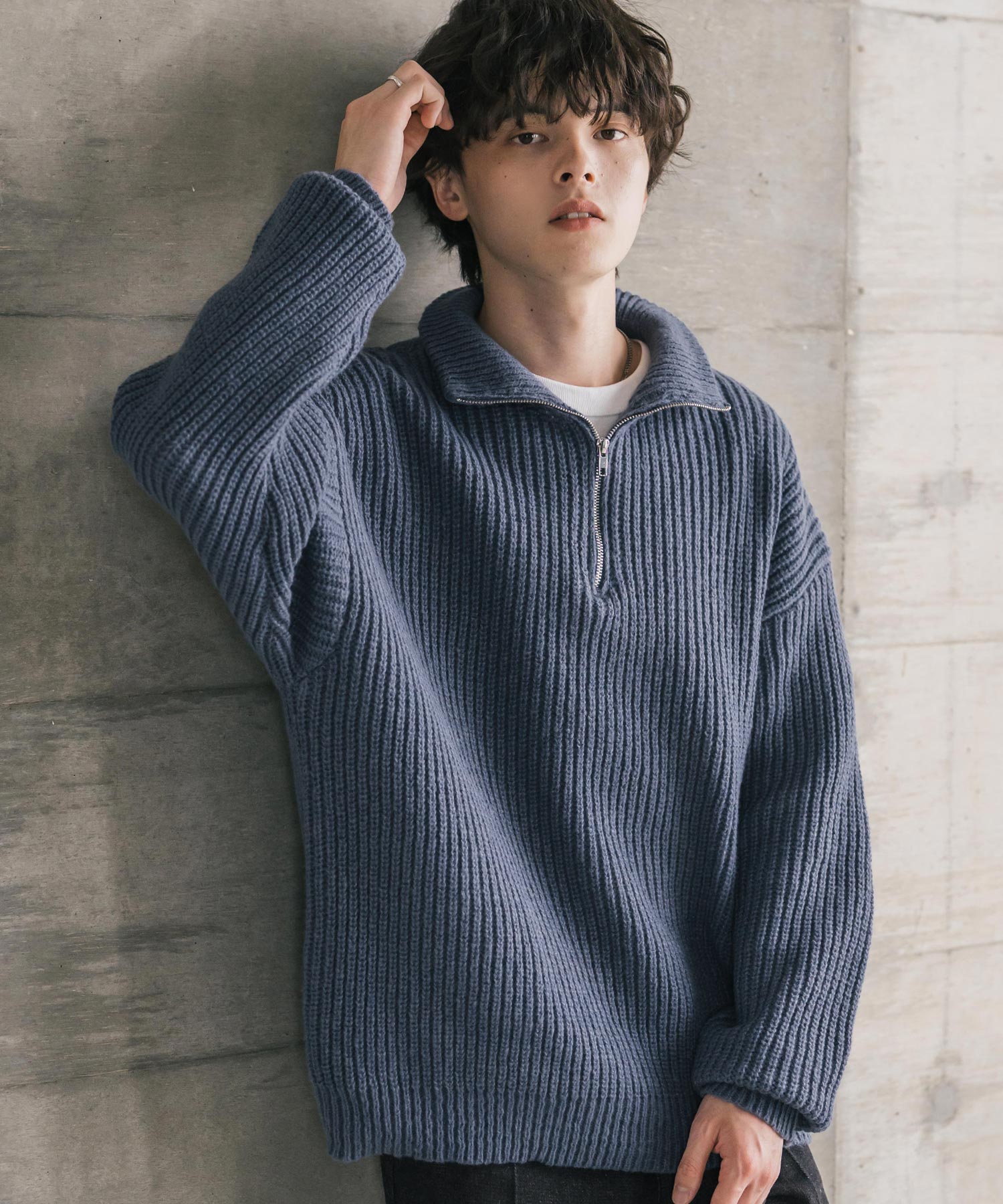 オーバーサイズ畦編みハーフジップニットセーター 14553