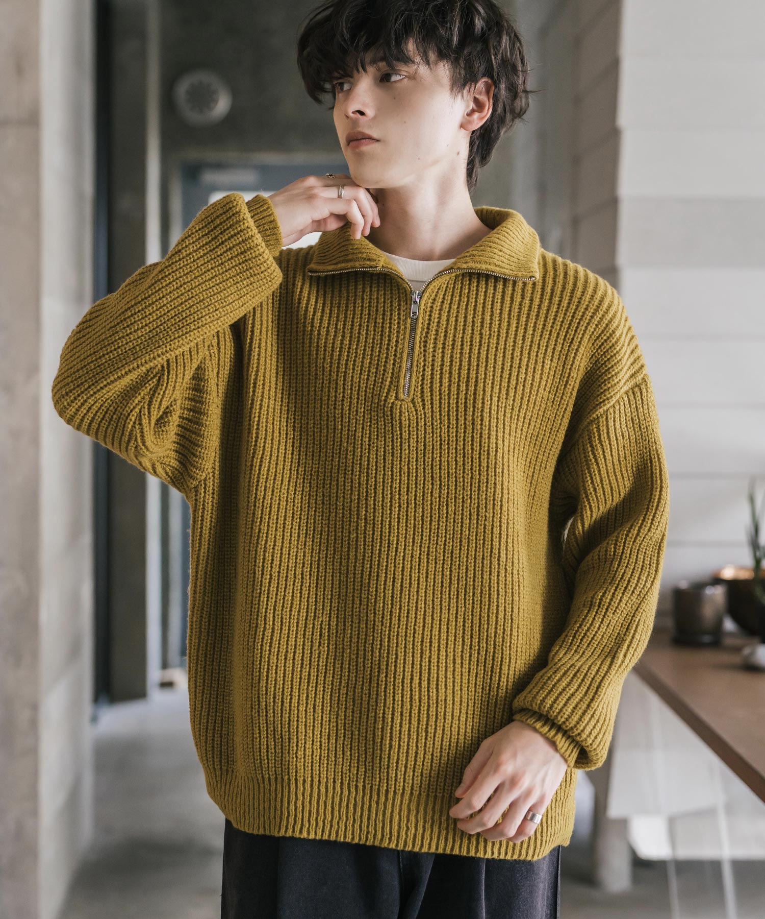 オーバーサイズ畦編みハーフジップニットセーター 14553