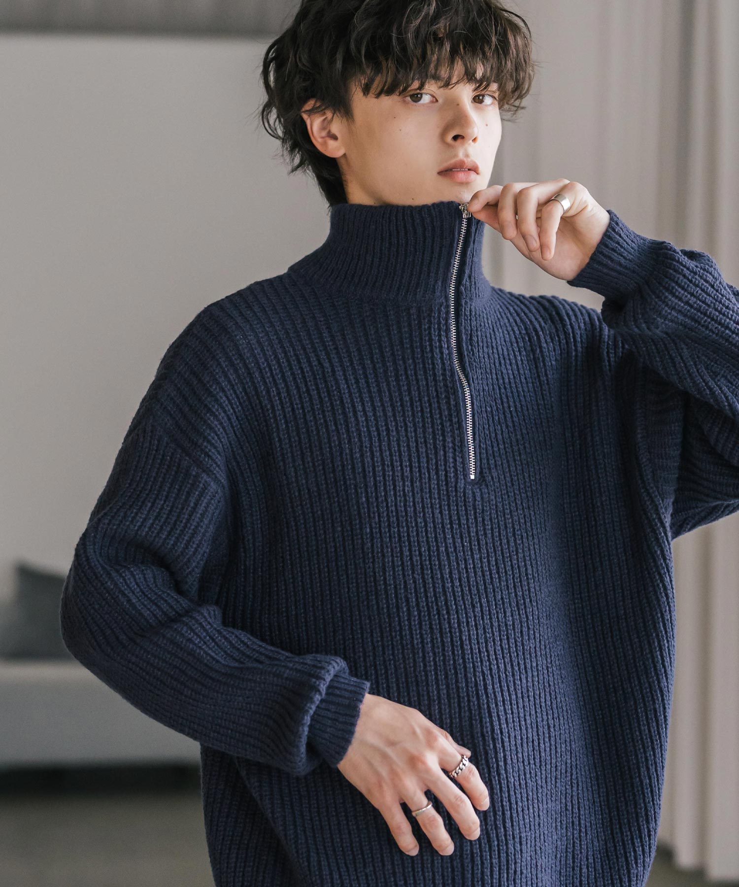 オーバーサイズ畦編みハーフジップニットセーター 14553