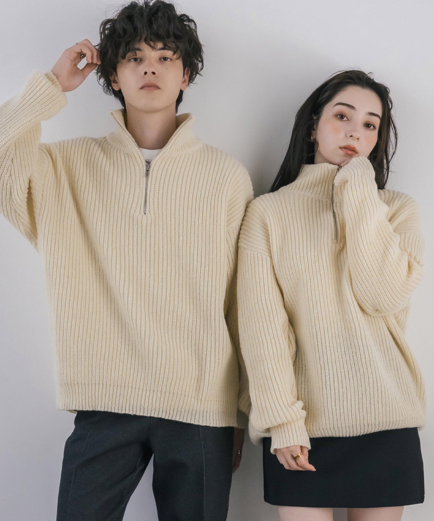 オーバーサイズ畦編みハーフジップニットセーター 14553