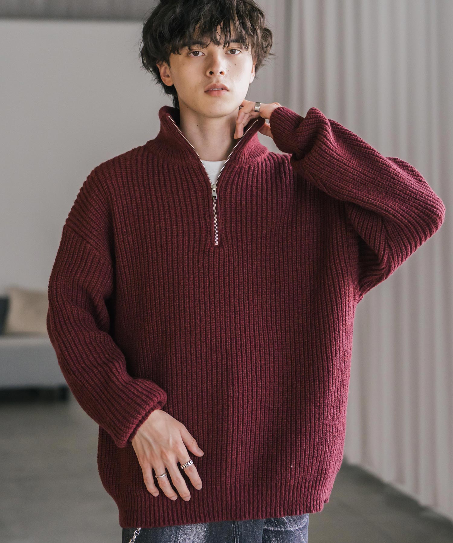オーバーサイズ畦編みハーフジップニットセーター 14553