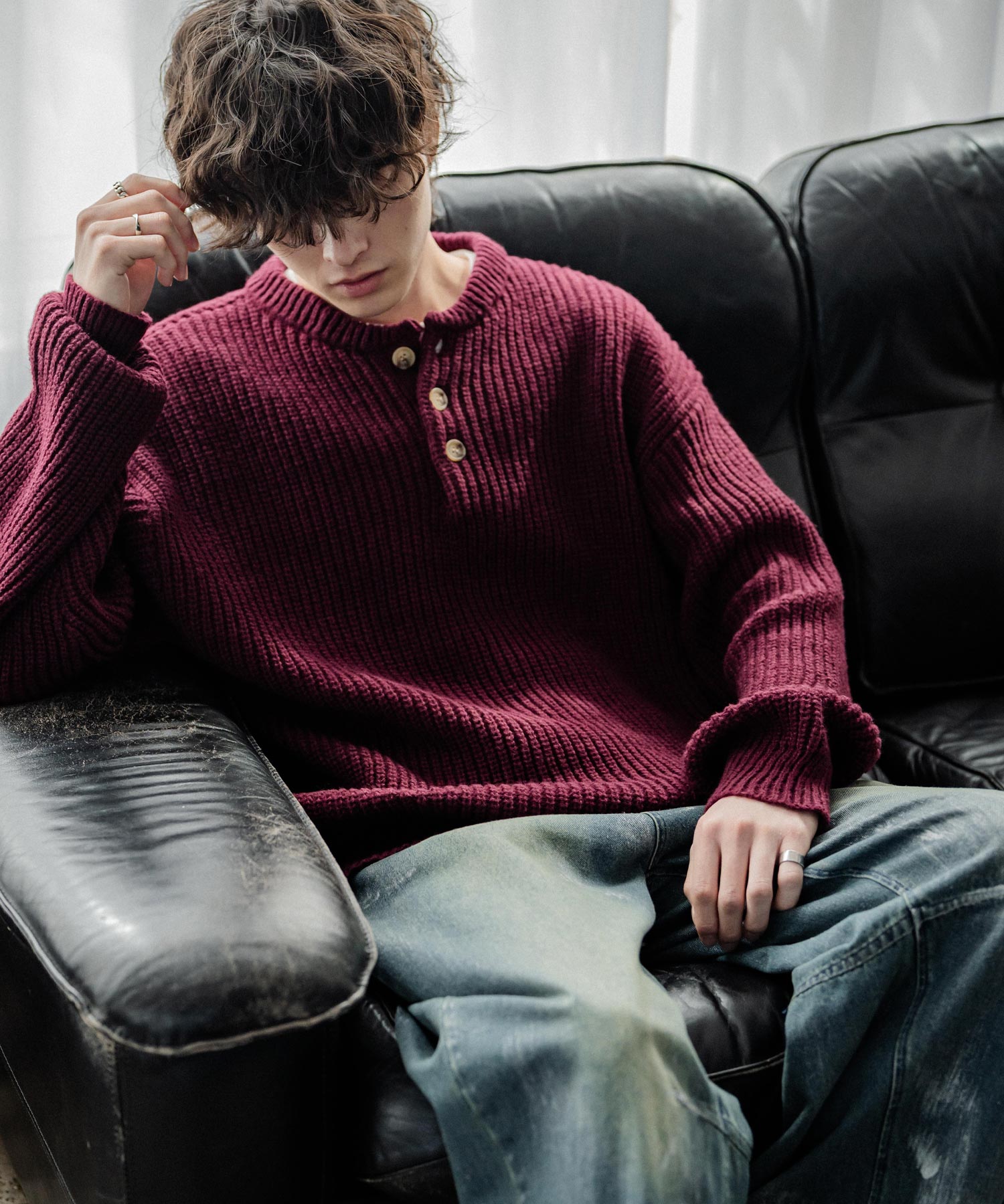 新色追加 オーバーサイズ畦編みヘンリーネックニットセーター	 14554