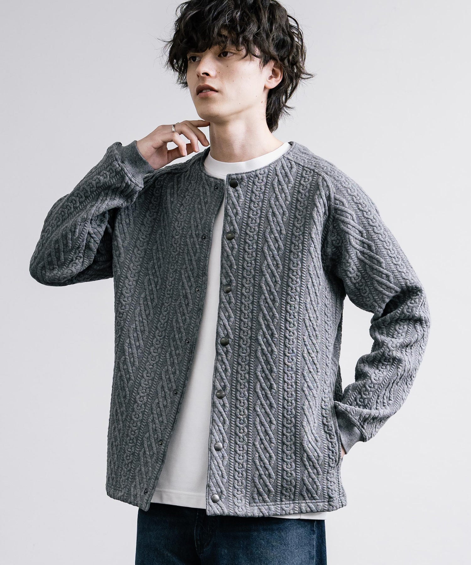Upscape Audience アップスケープオーディエンス 日本製 国産 尾州 コットンキルトノーカラースナップジャケット AUD7330 15388