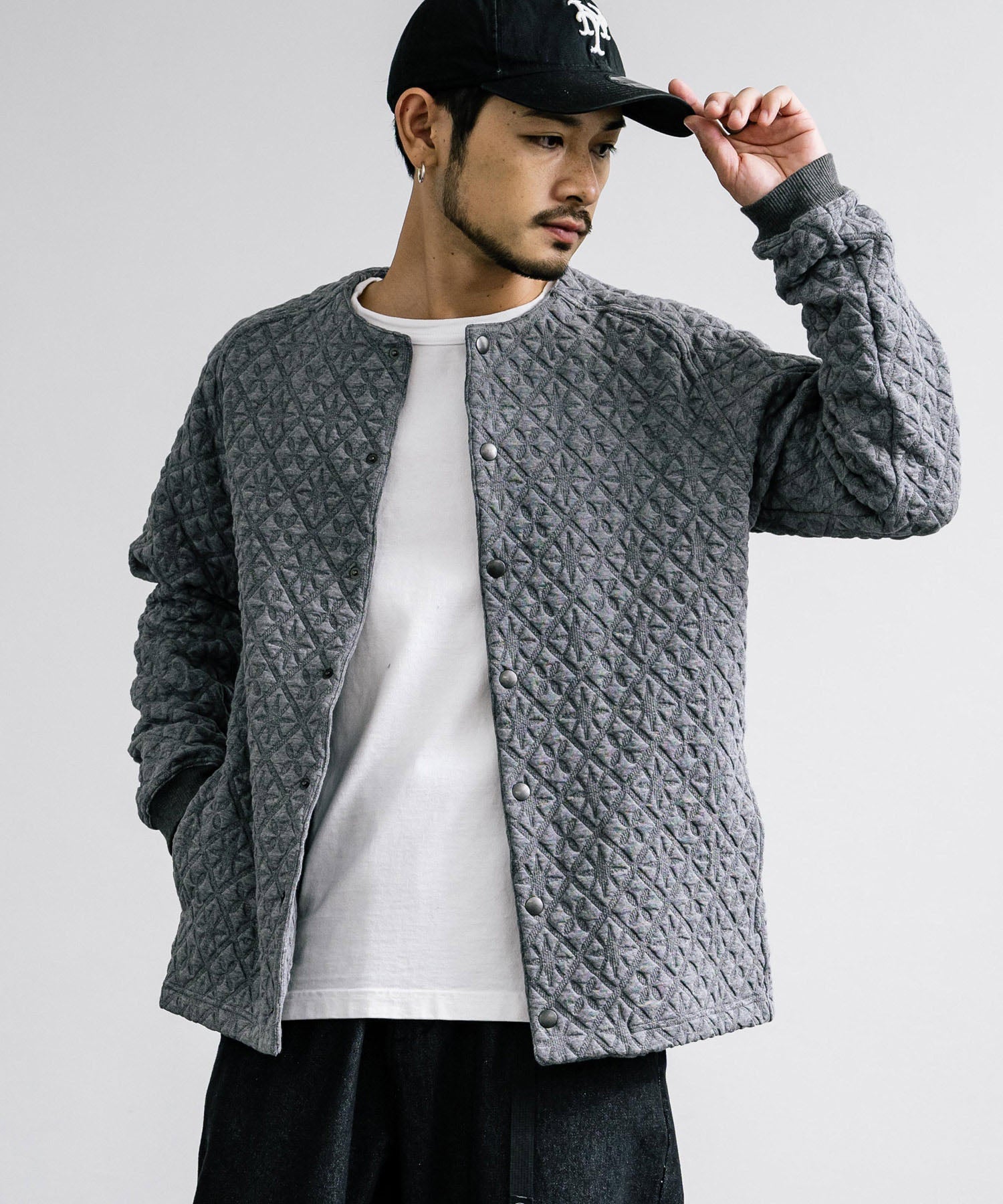 Upscape Audience アップスケープオーディエンス 日本製 国産 尾州 コットンキルトノーカラースナップジャケット AUD7330 15388