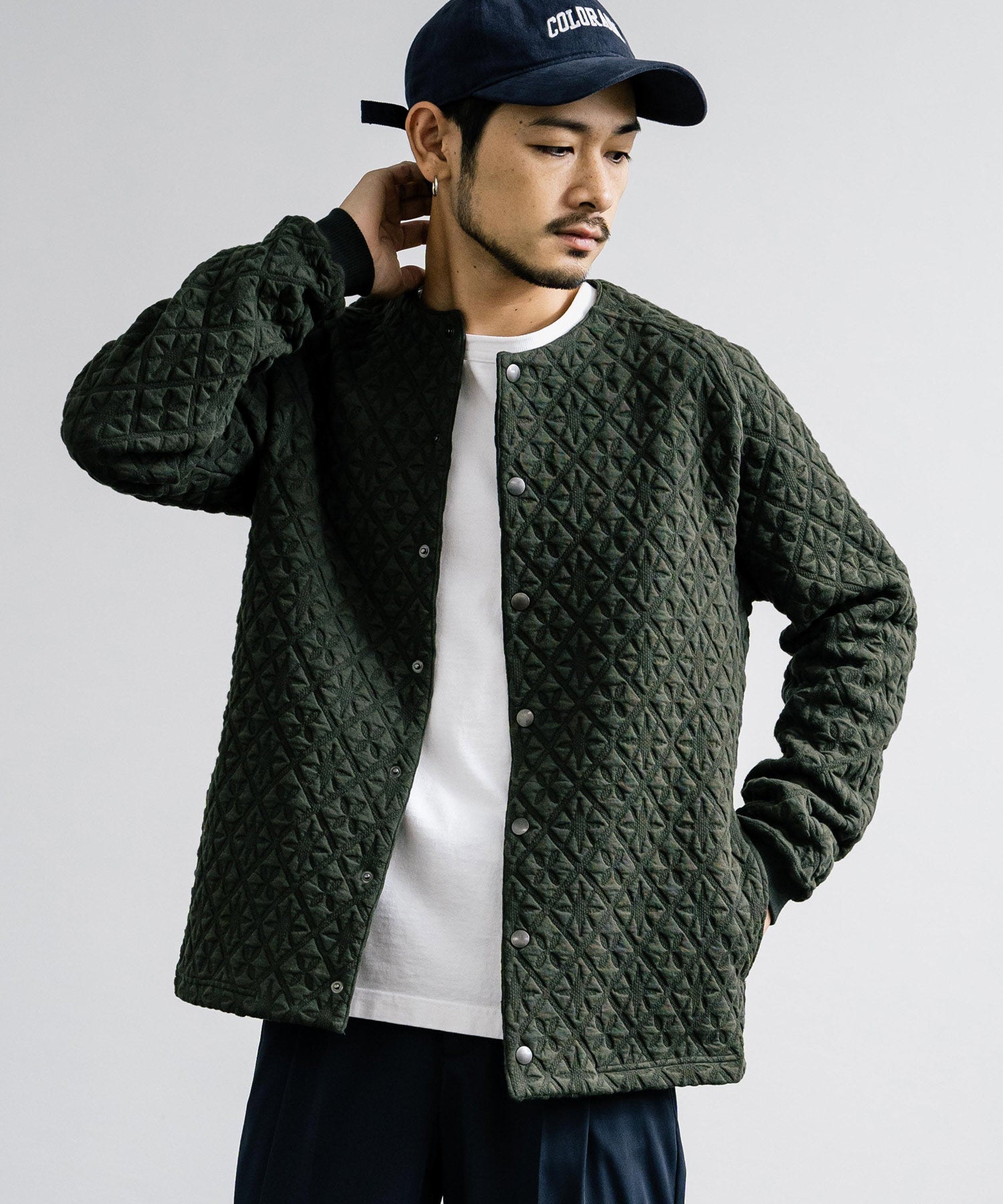 Upscape Audience アップスケープオーディエンス 日本製 国産 尾州 コットンキルトノーカラースナップジャケット AUD7330 15388