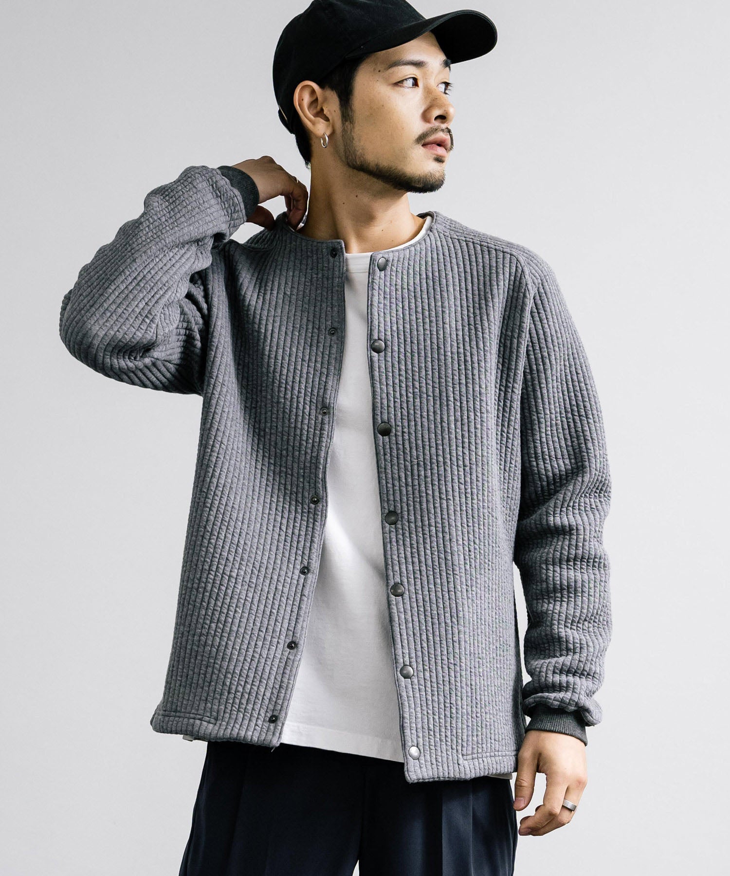 Upscape Audience アップスケープオーディエンス 日本製 国産 尾州 コットンキルトノーカラースナップジャケット AUD7330 15388