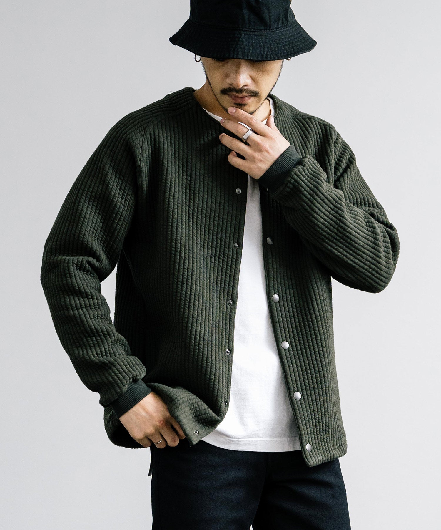 Upscape Audience アップスケープオーディエンス 日本製 国産 尾州 コットンキルトノーカラースナップジャケット AUD7330 15388