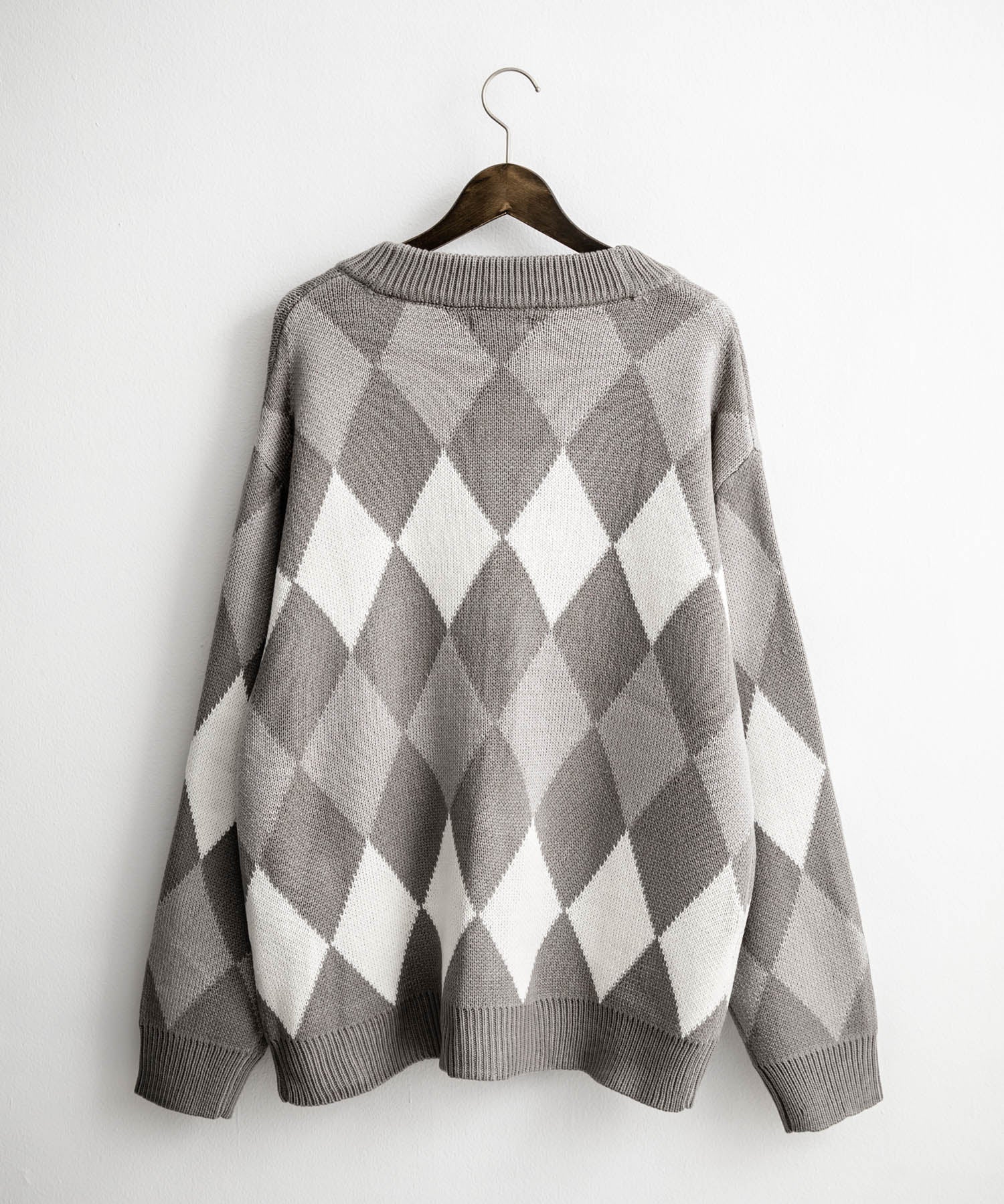 オーバーサイズ総柄Vネックボリュームニットカーディガン アーガイル柄 チェック柄 15484