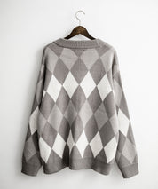 オーバーサイズ総柄Vネックボリュームニットカーディガン アーガイル柄 チェック柄 15484