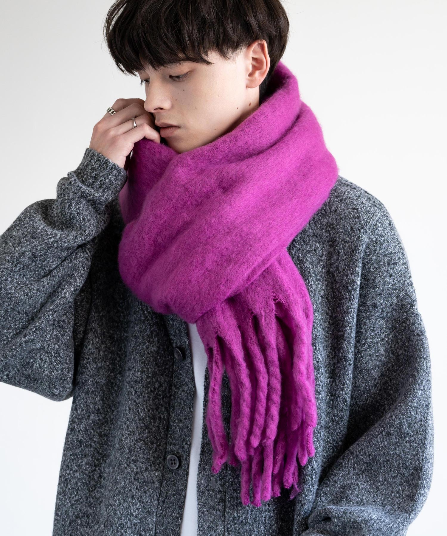 新色追加 モヘアタッチ ボリュームフリンジマフラー 無地/チェック	12999