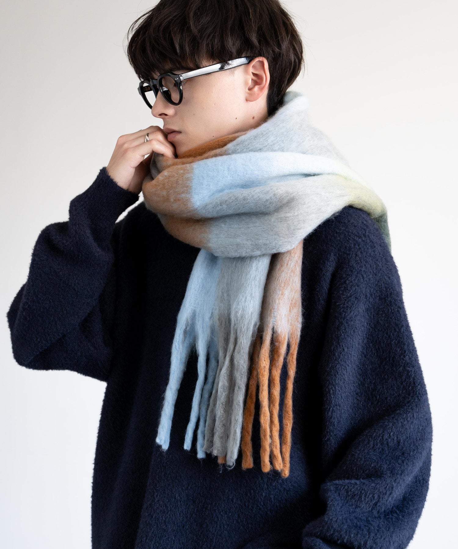 新色追加 モヘアタッチ ボリュームフリンジマフラー 無地/チェック	12999
