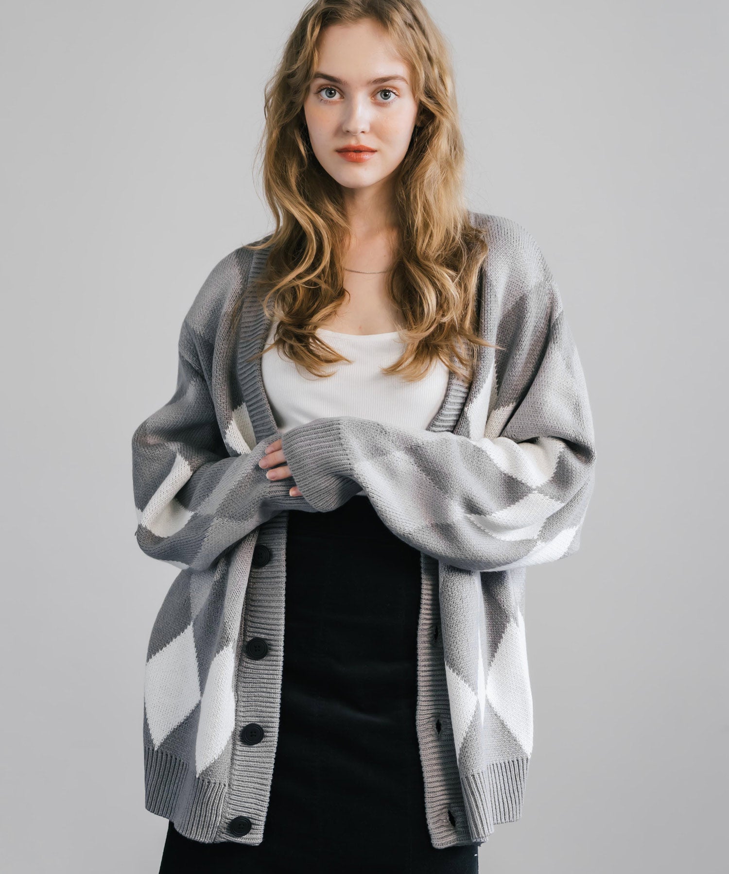 オーバーサイズ 総柄Vネックニットカーディガン アーガイル柄/チェック柄 11618