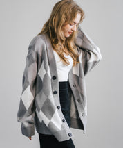 オーバーサイズ 総柄Vネックニットカーディガン アーガイル柄/チェック柄 11618