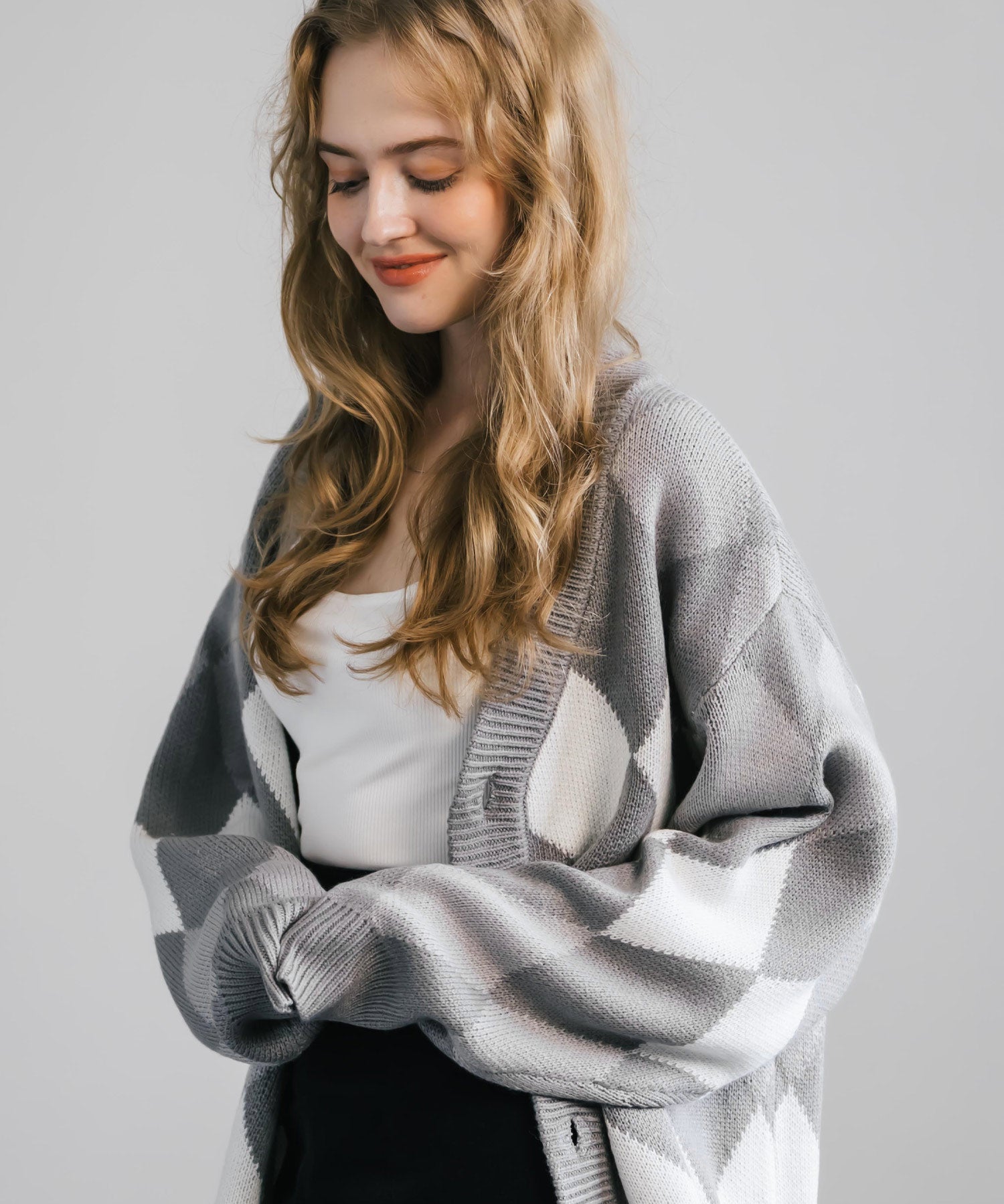 オーバーサイズ 総柄Vネックニットカーディガン アーガイル柄/チェック柄 11618