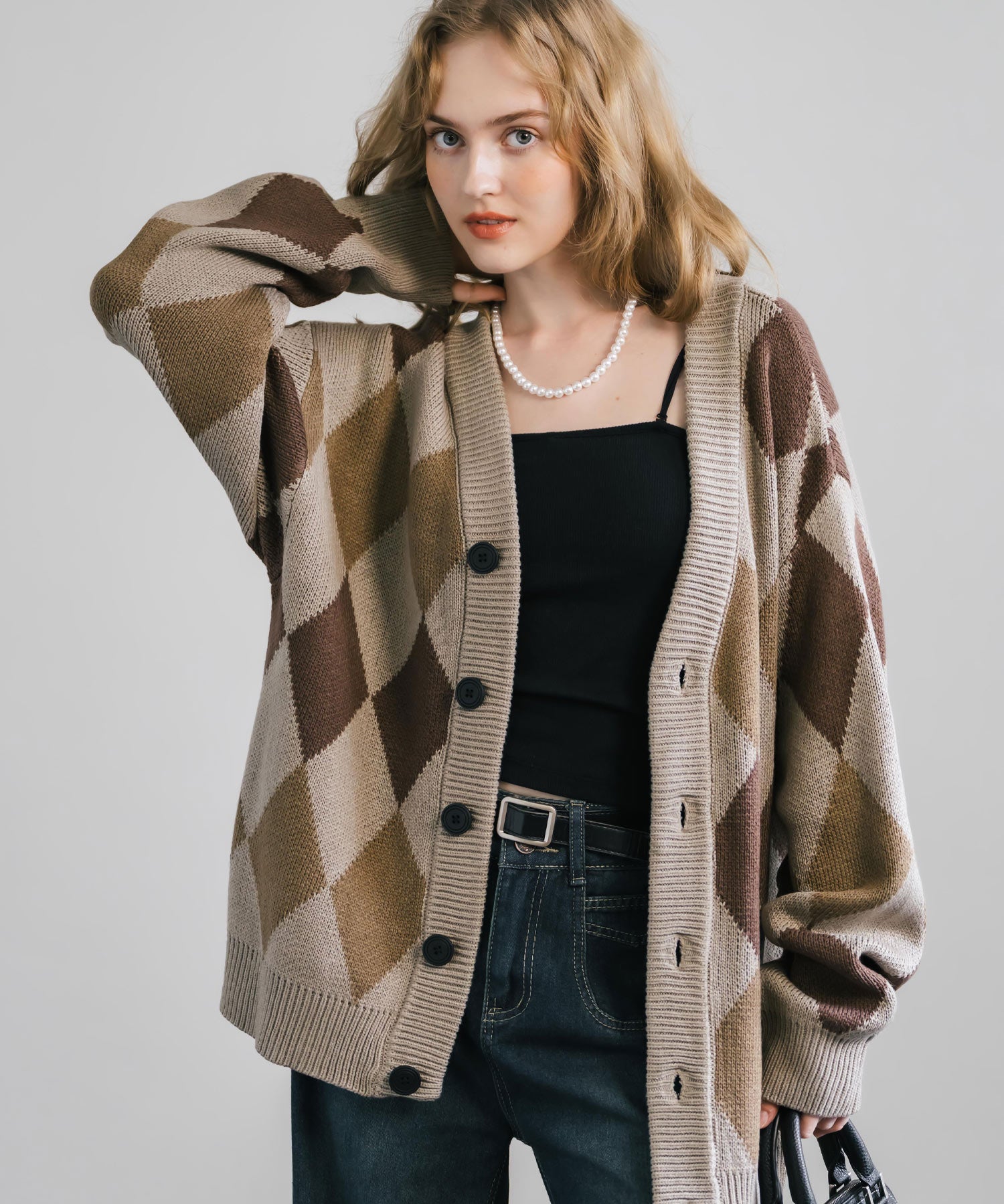 オーバーサイズ 総柄Vネックニットカーディガン アーガイル柄/チェック柄 11618