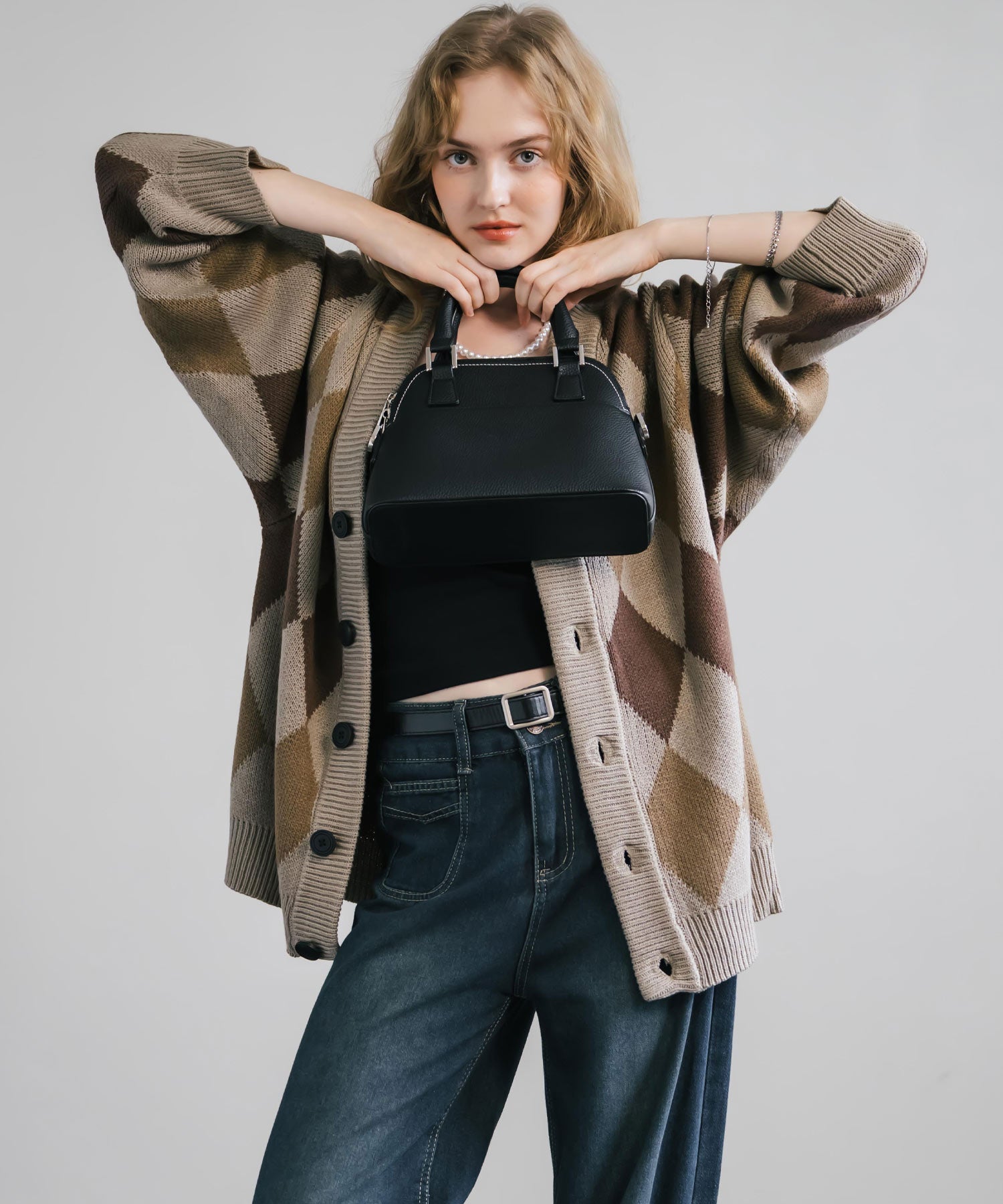 オーバーサイズ 総柄Vネックニットカーディガン アーガイル柄/チェック柄 11618