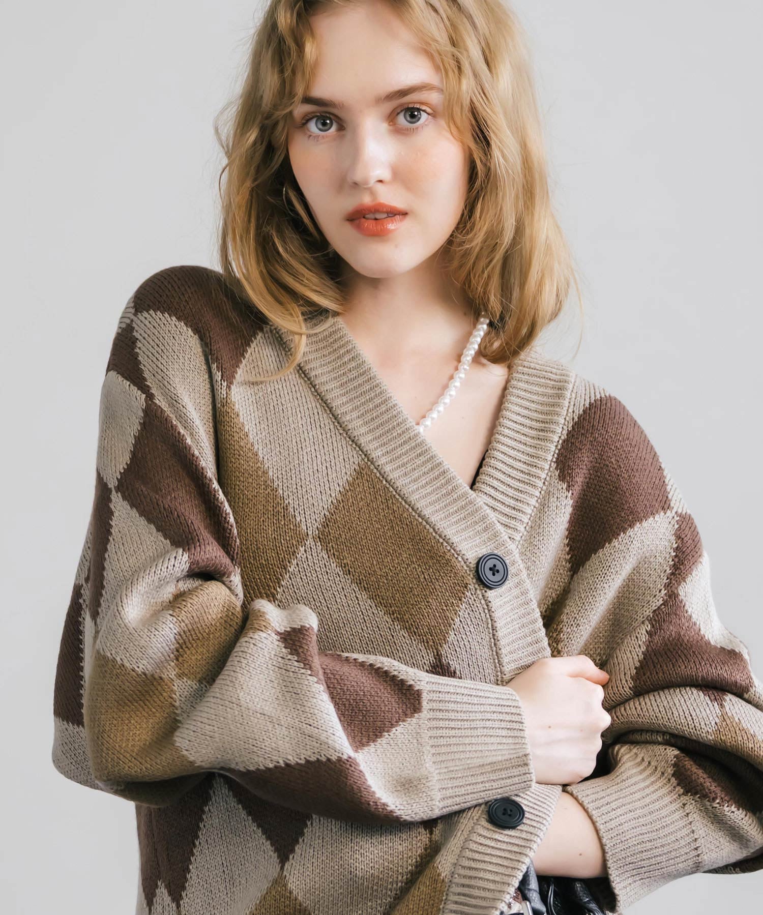 オーバーサイズ 総柄Vネックニットカーディガン アーガイル柄/チェック柄 11618