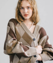 オーバーサイズ 総柄Vネックニットカーディガン アーガイル柄/チェック柄 11618