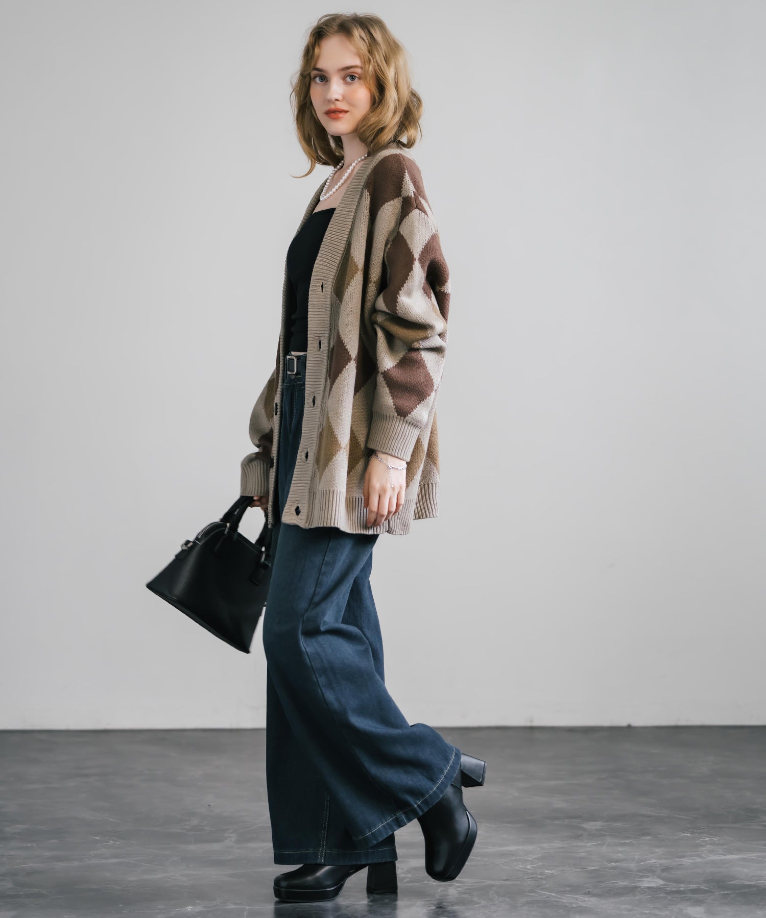 オーバーサイズ 総柄Vネックニットカーディガン アーガイル柄/チェック柄 11618