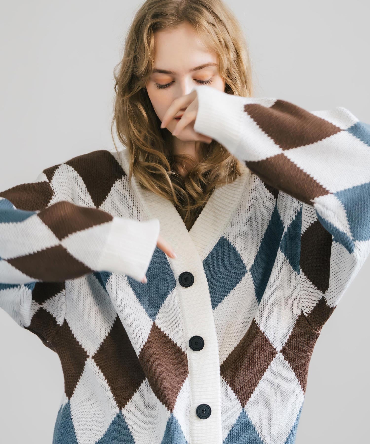 オーバーサイズ 総柄Vネックニットカーディガン アーガイル柄/チェック柄 11618