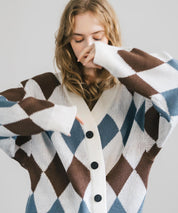 オーバーサイズ 総柄Vネックニットカーディガン アーガイル柄/チェック柄 11618