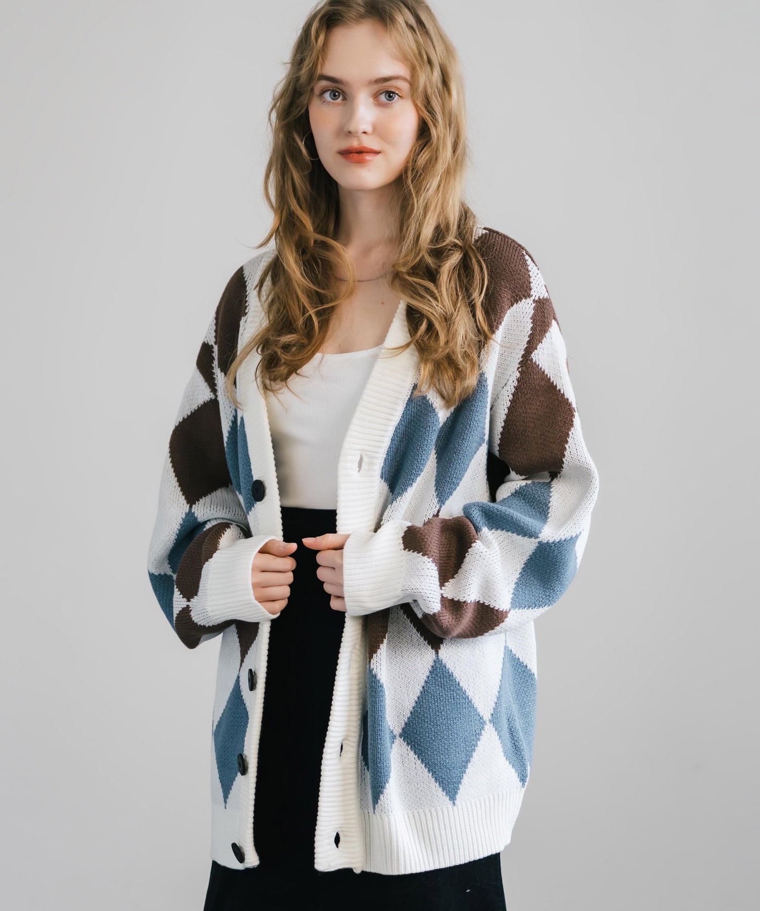 オーバーサイズ 総柄Vネックニットカーディガン アーガイル柄/チェック柄 11618