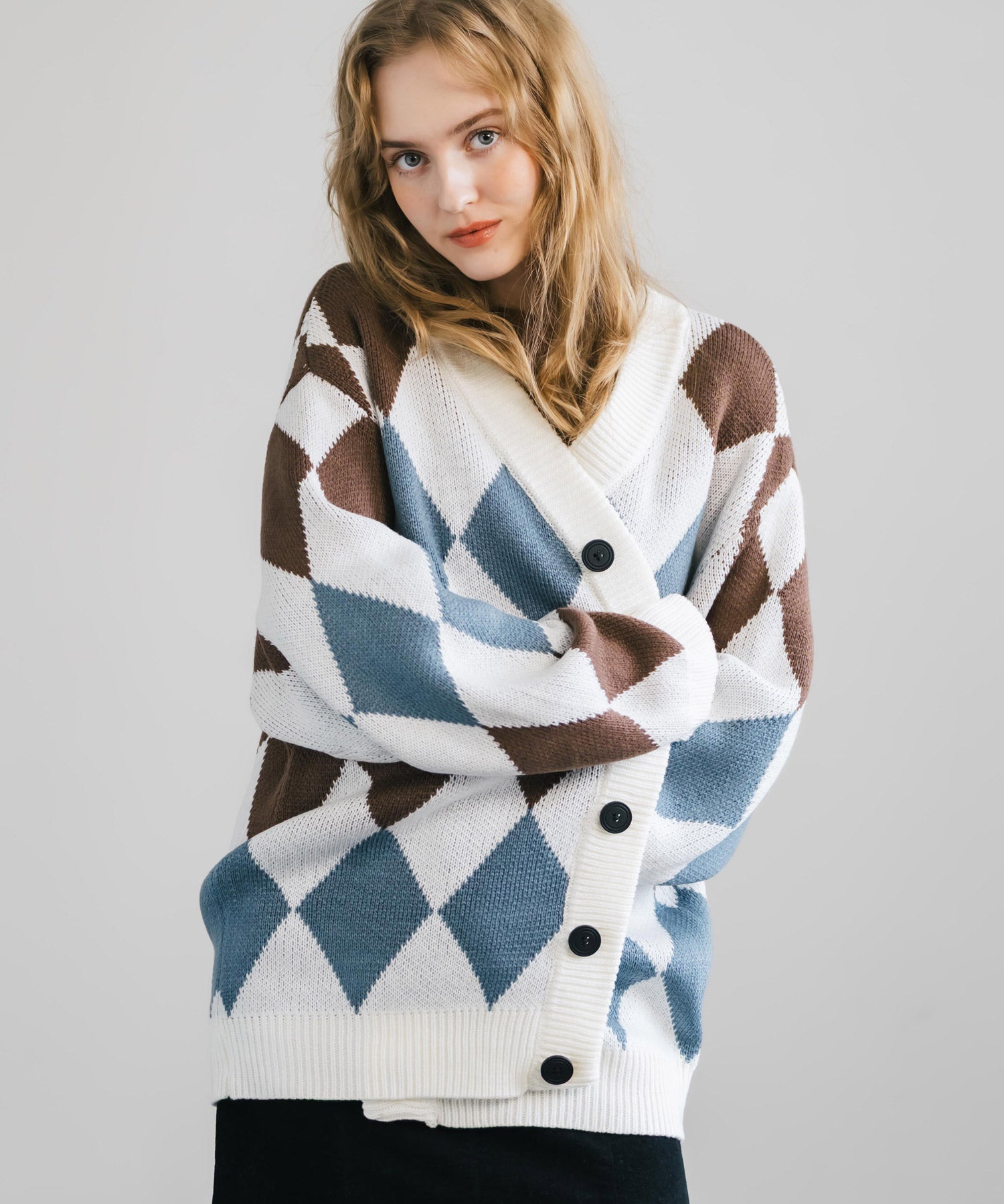 オーバーサイズ 総柄Vネックニットカーディガン アーガイル柄/チェック柄 11618