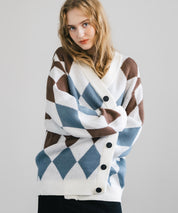 オーバーサイズ 総柄Vネックニットカーディガン アーガイル柄/チェック柄 11618