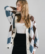 オーバーサイズ 総柄Vネックニットカーディガン アーガイル柄/チェック柄 11618