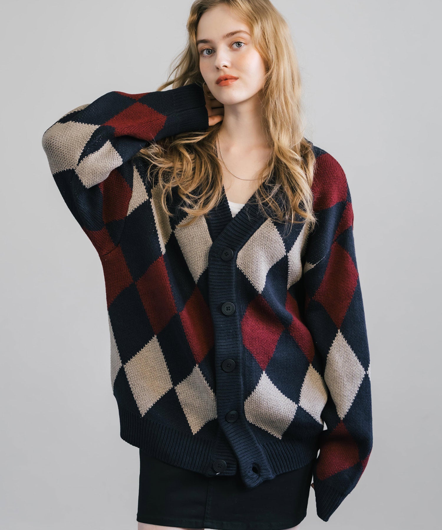オーバーサイズ 総柄Vネックニットカーディガン アーガイル柄/チェック柄 11618