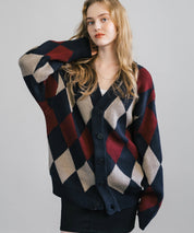 オーバーサイズ 総柄Vネックニットカーディガン アーガイル柄/チェック柄 11618