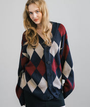 オーバーサイズ 総柄Vネックニットカーディガン アーガイル柄/チェック柄 11618