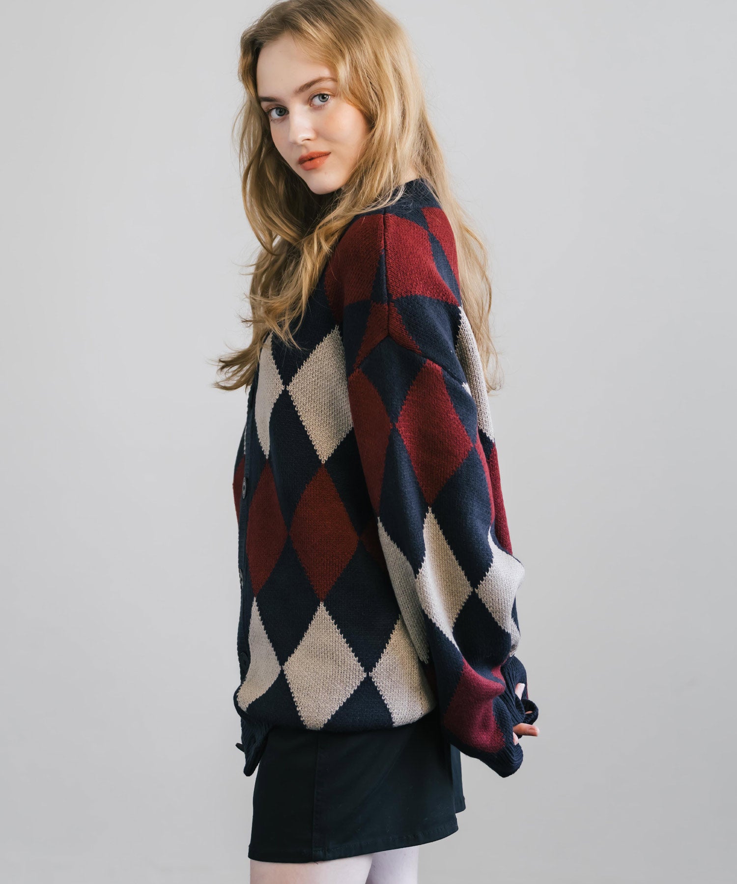 オーバーサイズ 総柄Vネックニットカーディガン アーガイル柄/チェック柄 11618