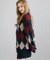 オーバーサイズ 総柄Vネックニットカーディガン アーガイル柄/チェック柄 11618