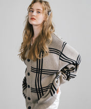 オーバーサイズ 総柄Vネックニットカーディガン アーガイル柄/チェック柄 11618