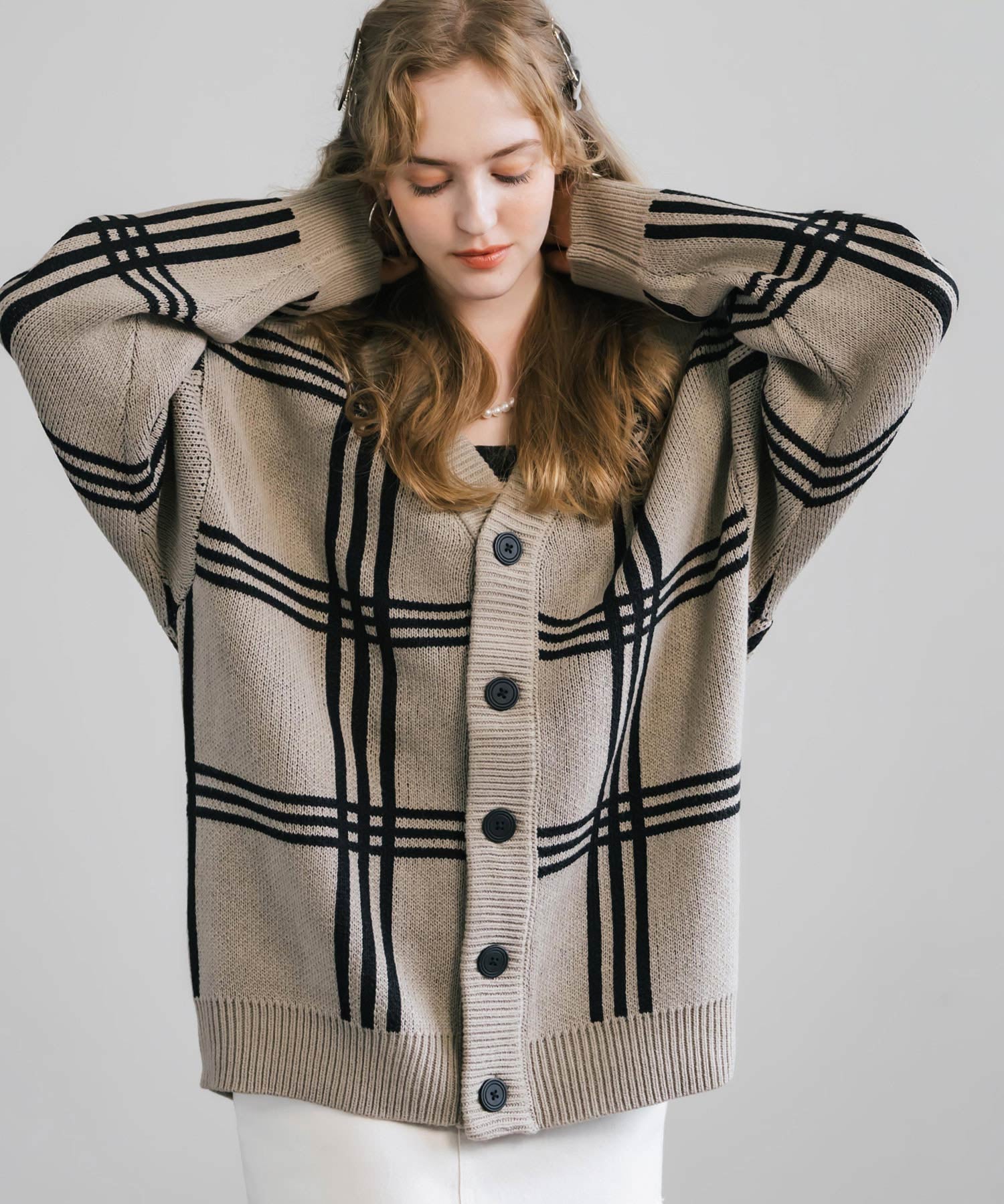 オーバーサイズ 総柄Vネックニットカーディガン アーガイル柄/チェック柄 11618