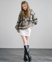 オーバーサイズ 総柄Vネックニットカーディガン アーガイル柄/チェック柄 11618