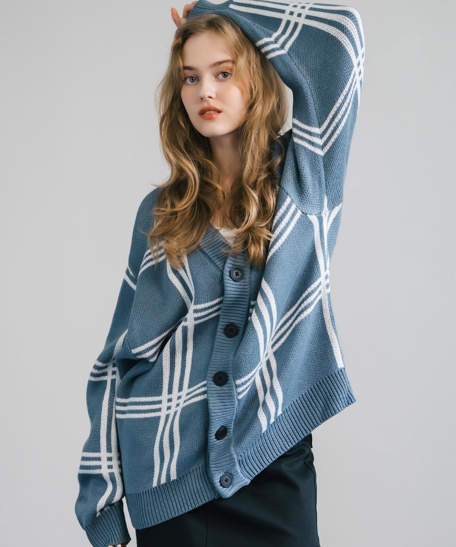 オーバーサイズ 総柄Vネックニットカーディガン アーガイル柄/チェック柄 11618