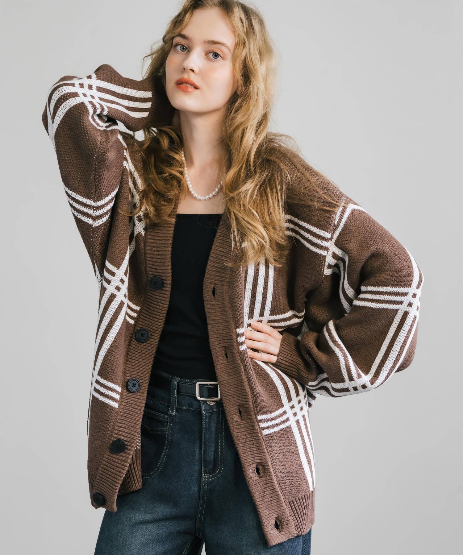 オーバーサイズ 総柄Vネックニットカーディガン アーガイル柄/チェック柄 11618