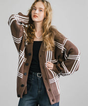 オーバーサイズ 総柄Vネックニットカーディガン アーガイル柄/チェック柄 11618