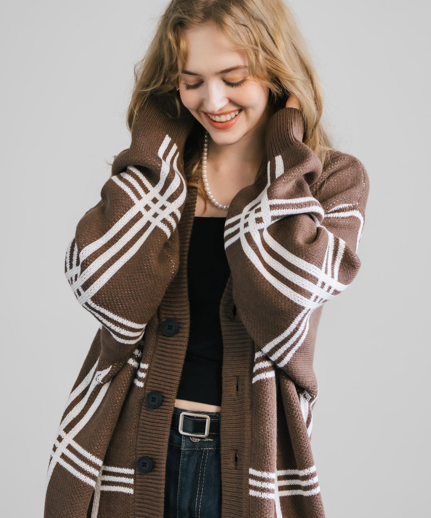 オーバーサイズ 総柄Vネックニットカーディガン アーガイル柄/チェック柄 11618