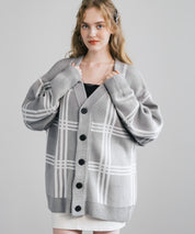 オーバーサイズ 総柄Vネックニットカーディガン アーガイル柄/チェック柄 11618