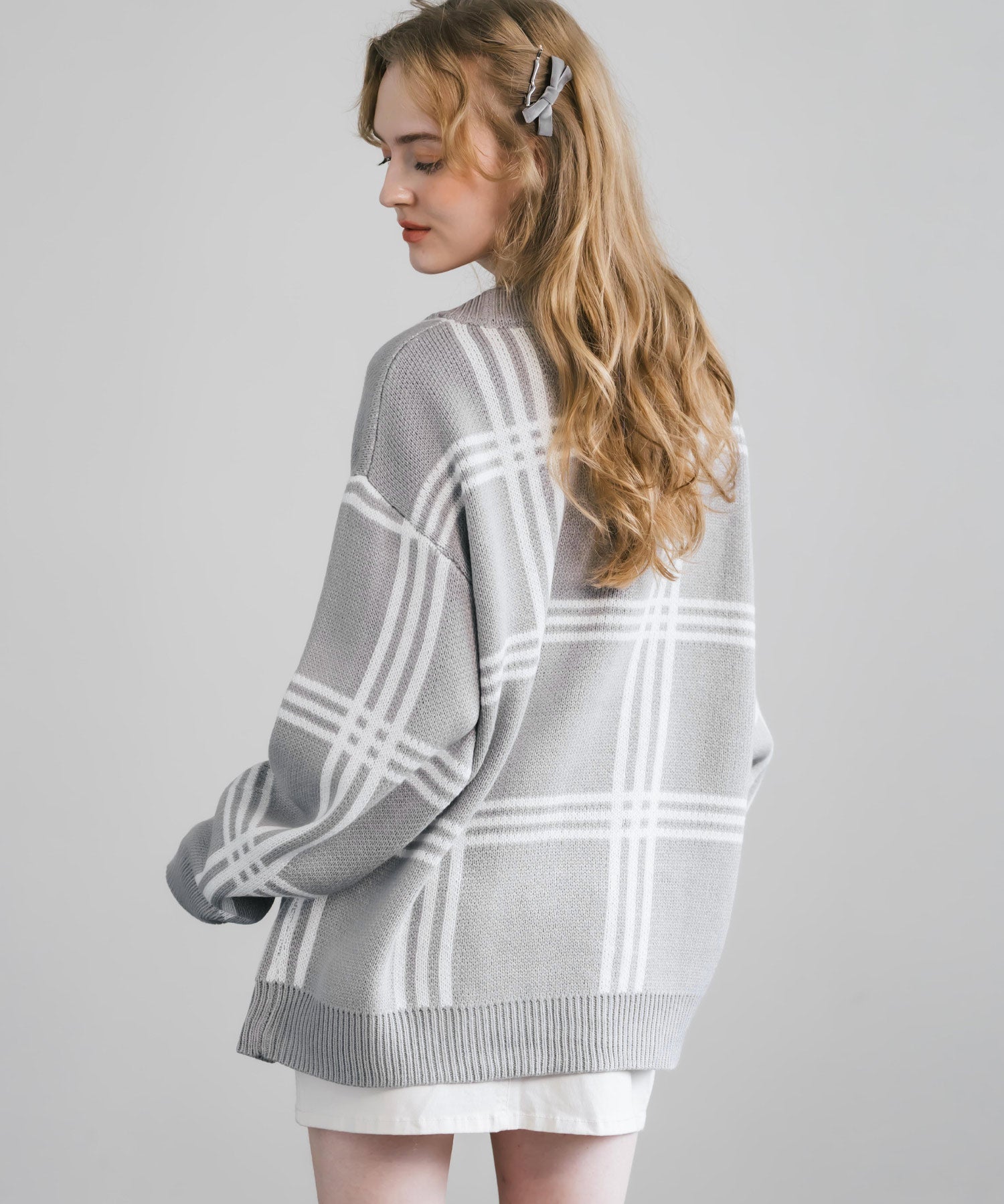 オーバーサイズ 総柄Vネックニットカーディガン アーガイル柄/チェック柄 11618