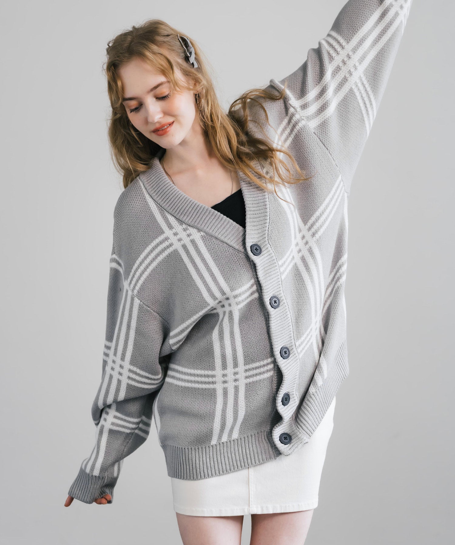 オーバーサイズ 総柄Vネックニットカーディガン アーガイル柄/チェック柄 11618