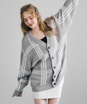 オーバーサイズ 総柄Vネックニットカーディガン アーガイル柄/チェック柄 11618